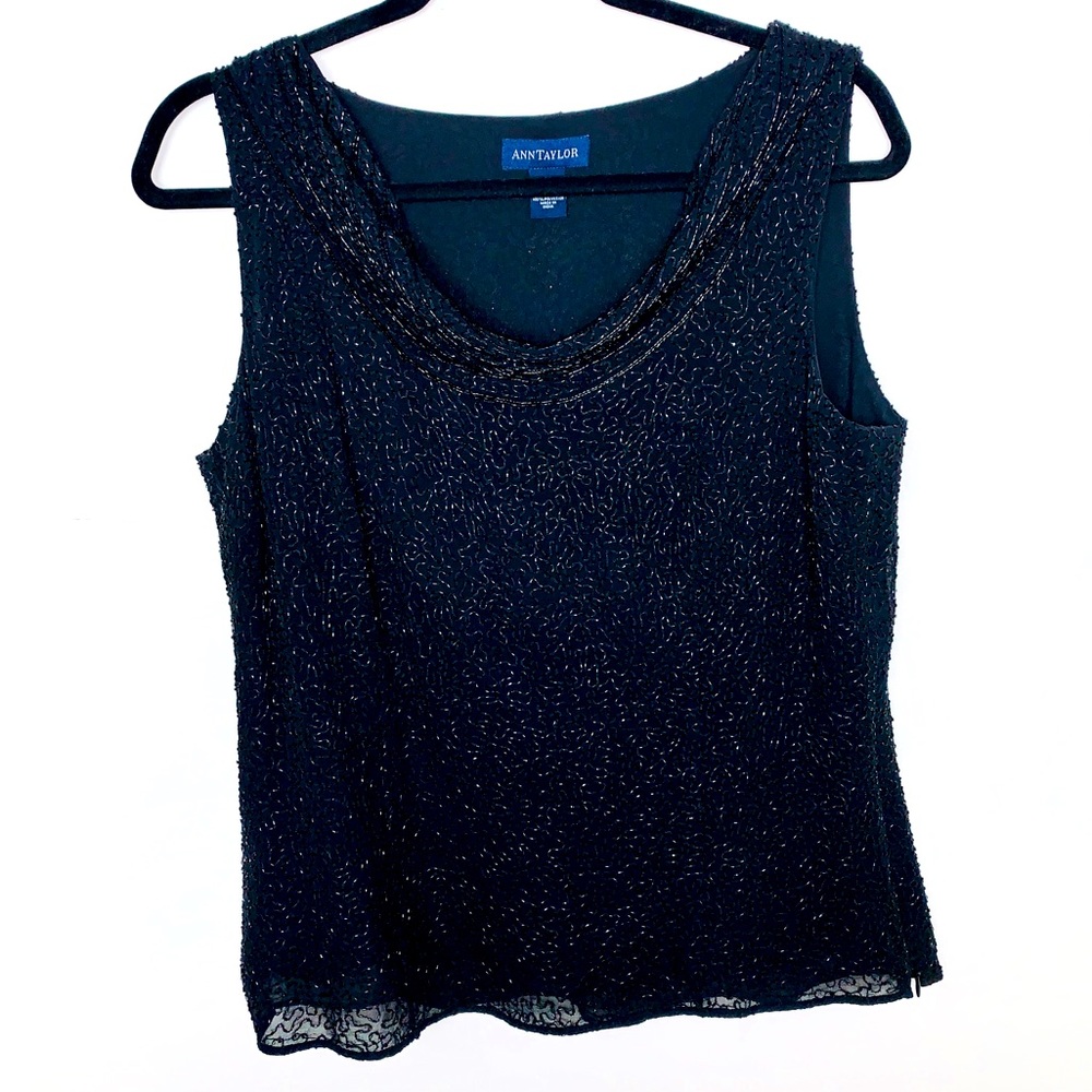 Ann Taylor Black Silk Beaded Scoop Neck Tank Top